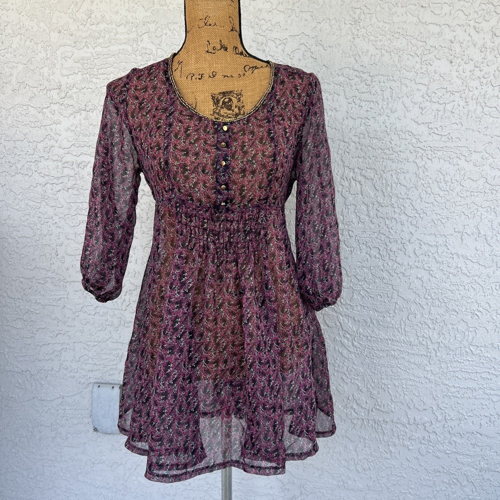 Vtg American Rag Medium Sheer Ditzy Floral Gold Trim‎ Mini Dress Whimsigoth
